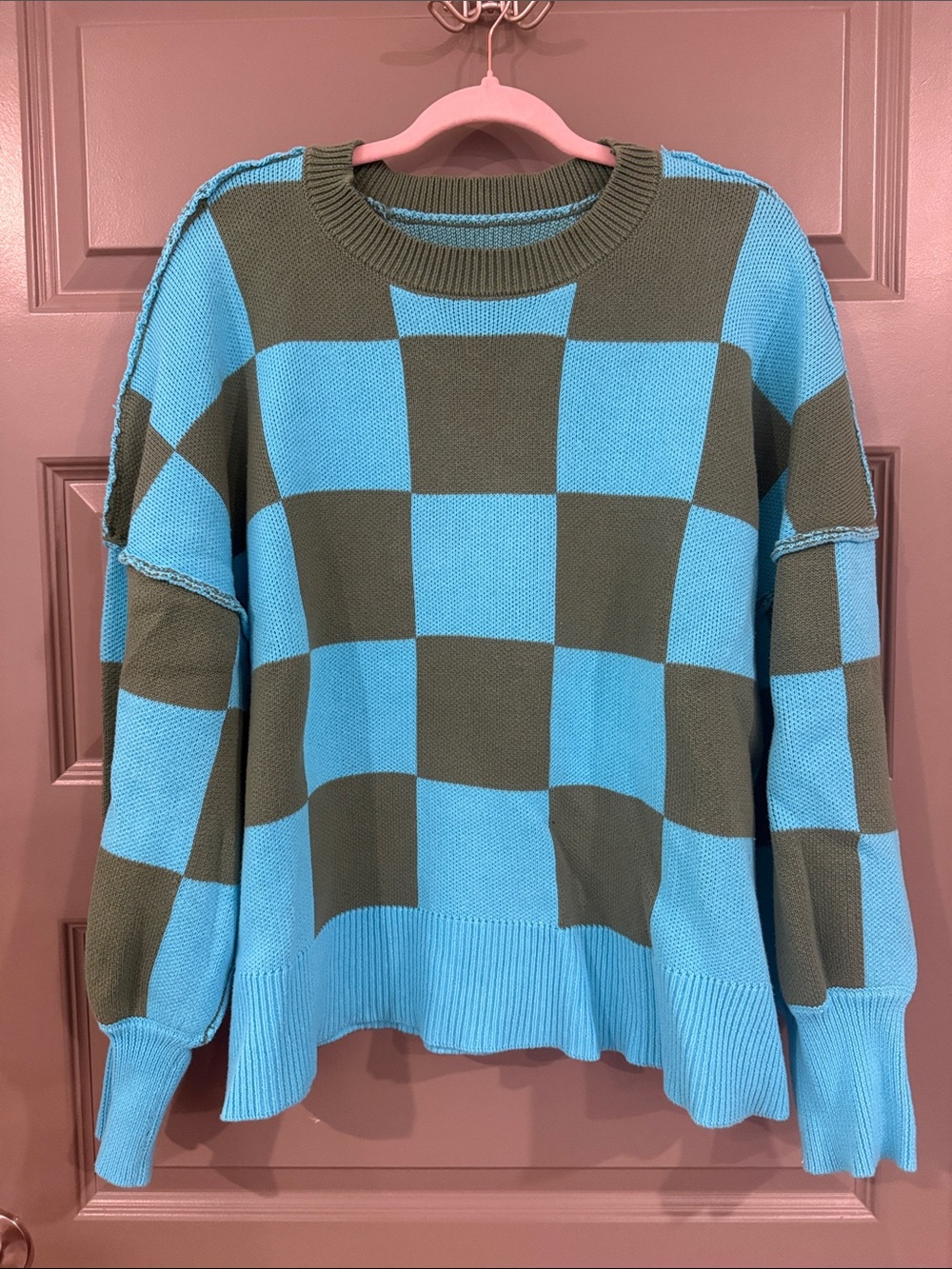 Amazon Blue and Olive Checkerboard Crewneck Sweater